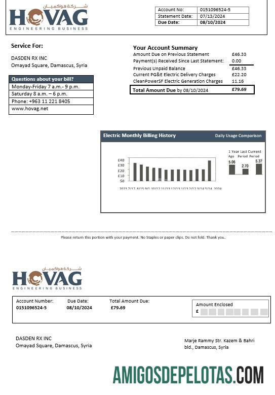 Em branco modelo de conta de serviços públicos de eletricidade da Síria HOVAG Company em formatos Word e PDF